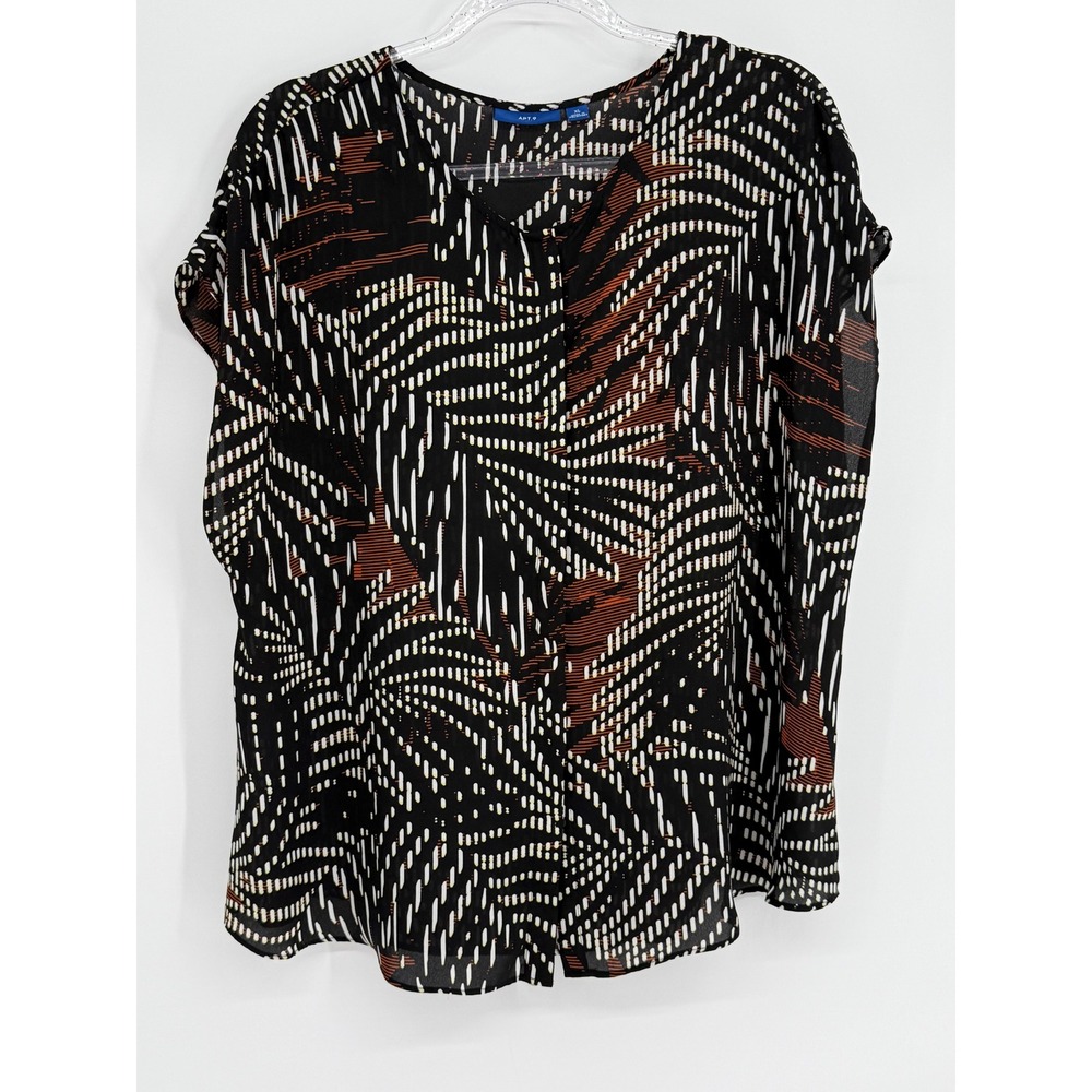 Apt. 9 Womens Sz XL Black White‎ Rust Abstract Palm Leaf Print V-Neck Blouse Top